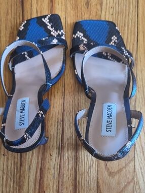 Steve Madden Blue and Black Snake-Print Square-Toe Sandals with Neutral Insole